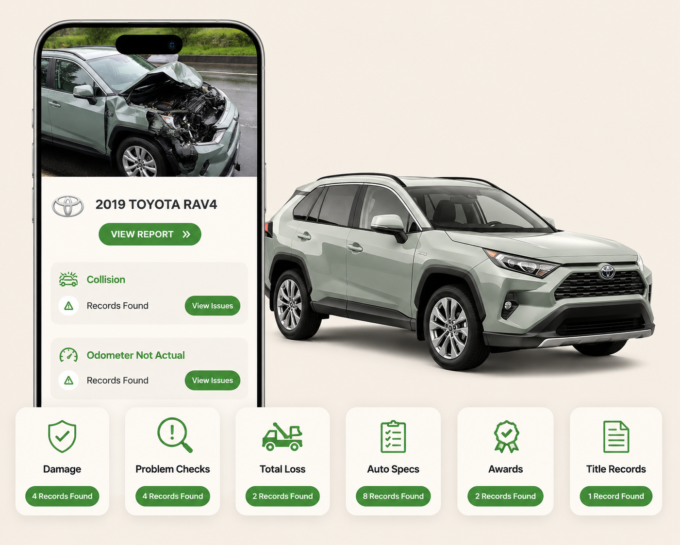 Sample UncoverVIN report shown on a phone next to the vehicle it covers, with report categories like damage, problem checks, total loss, auto specs, awards, and title records